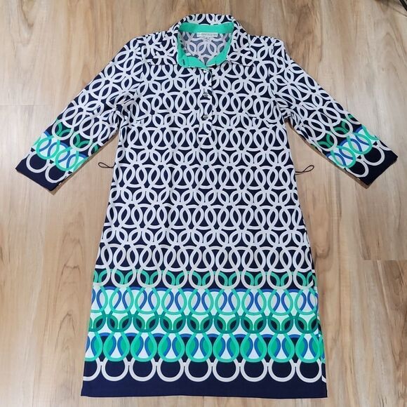 🔹️Sandra Darren Blue & White Geometric 3/4 Sleeve Dress Size 6 - Picture 1 of 11